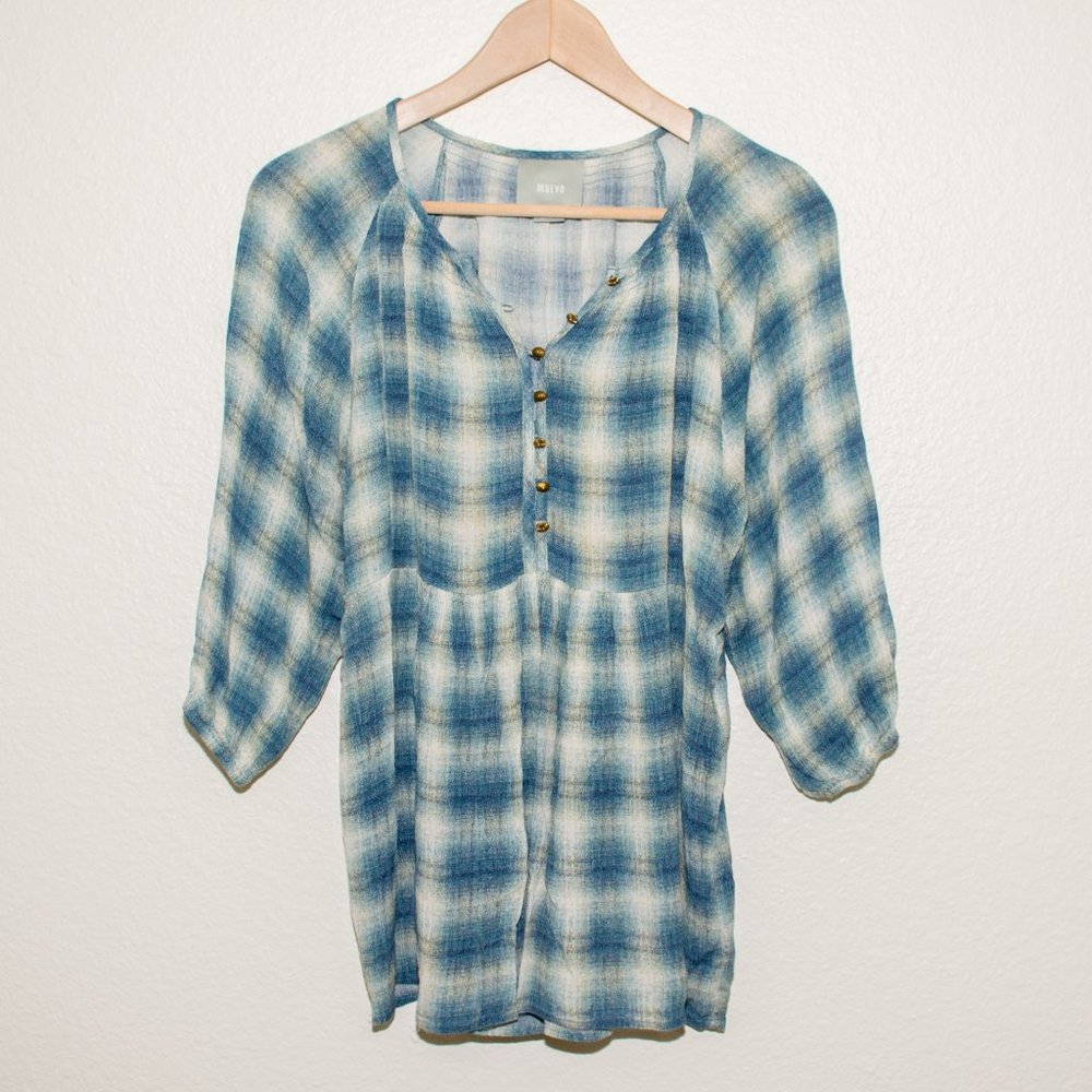 Maeve Anthropologie Calavon Plaid Blue Tunic Top